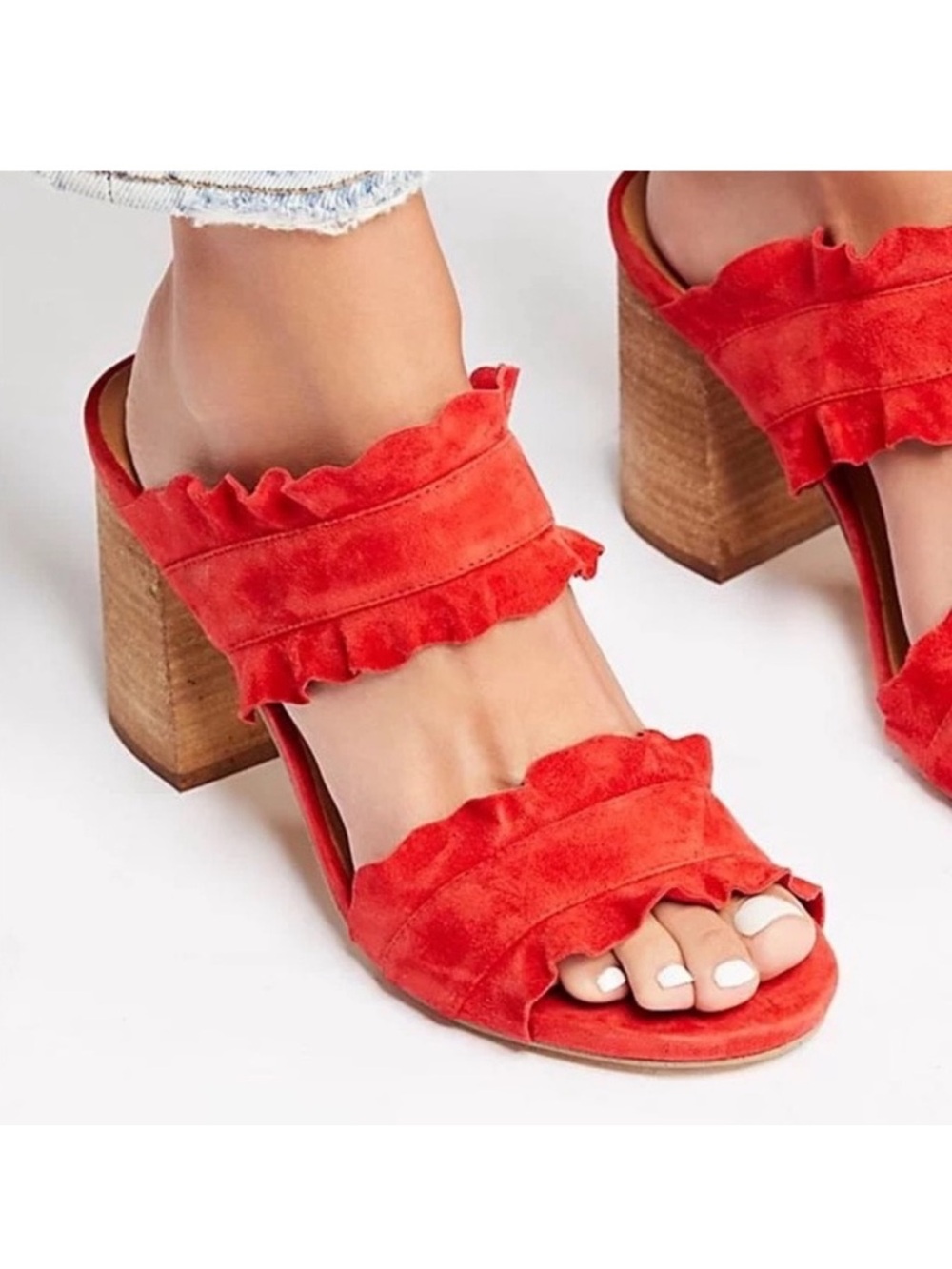 Free People Rosie Ruffle Heel Red Sandals size 38 EU 7.5 US